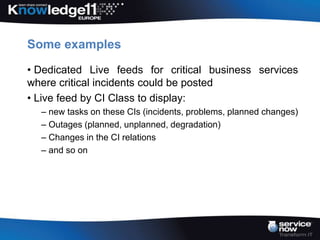 Some examples

• Dedicated Live feeds for critical business services
where critical incidents could be posted
• Live feed by CI Class to display:
  – new tasks on these CIs (incidents, problems, planned changes)
  – Outages (planned, unplanned, degradation)
  – Changes in the CI relations
  – and so on
 