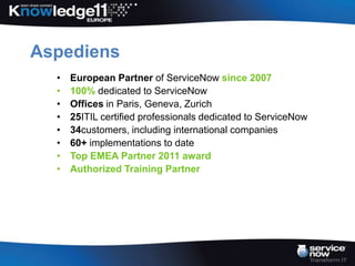 Aspediens
  •   European Partner of ServiceNow since 2007
  •   100% dedicated to ServiceNow
  •   Offices in Paris, Geneva, Zurich
  •   25ITIL certified professionals dedicated to ServiceNow
  •   34customers, including international companies
  •   60+ implementations to date
  •   Top EMEA Partner 2011 award
  •   Authorized Training Partner
 