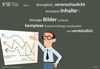 Denn …
Bewegtbildformate Chart 9
Bewegte Bilder erklären
komplexe Zusammenhänge anschaulich
und verständlich.
Bewegtbild „veranschaulicht
komplexe Inhalte“!
November 2010
 