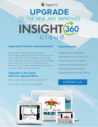Great news for Apple iOS 9 and Android
Marshmallow users! You can now transition to the
new Insight 360 Cloud to leverage your devices
with our student and teacher apps. Users of Insight
360 versions 2.5, 2.6 or 2.7 that update their
devices to iOS 9 or Marshmallow will be unable to
use their student and teacher apps.
Single Sign-On Capabilities
Issue Multi-Version Tests on PC
Student Scratch Pad Capture
Constructed Response Export
Ongoing Database Backups
Compatible with Chrome Devices
Have you previously purchased Insight 360?
If so, contact us for low cost upgrades!
TO THE NEW AND IMPROVED
UPGRADE
Important Product Announcement Cloud Benefits  
Upgrade to the Cloud
with Our Special Offers
CONTACT US
 