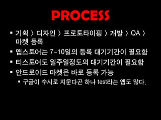 PROCESS
 기획 > 디자인 > 프로토타이핑 > 개발 > QA >
  마켓 등록
 앱스토어는 7~10일의 등록 대기기간이 필요함
 티스토어도 일주일정도의 대기기간이 필요함
 안드로이드 마켓은 바로 등록 가능
  구글이 수시로 지운다곤 하나 test라는 앱도 많다.
 