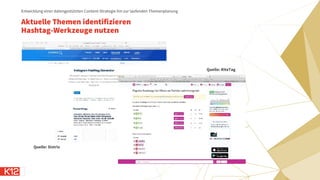 Aktuelle Themen identifizieren
Hashtag-Werkzeuge nutzen
Entwicklung einer datengestützten Content-Strategie hin zur laufenden Themenplanung
Quelle: Sistrix
Quelle: RiteTag
 