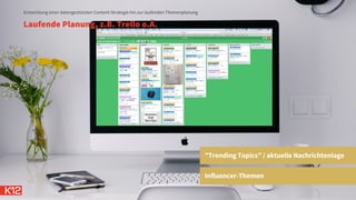 ”Trending Topics” / aktuelle Nachrichtenlage
Influencer-Themen
Laufende Planung, z.B. Trello o.Ä.
Entwicklung einer datengestützten Content-Strategie hin zur laufenden Themenplanung
 