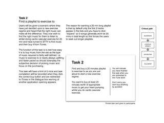 Task 2
Find a playlist to exercise to
Users will be given a scenario where they         The reason for wanting a 20 min long playlist
have just decided upon a new exercise             is that by default only the first 3 tracks                                       Critical path
regime and heard that the right music can         appear in the lists and you have to click
make all the difference. They now wish to         “expand” so 3 songs generally wont be 20
                                                                                                                                     soundtracks
find the right music for them to listen to        mins in total length so this forces the users
whilst doing cardio vascular exercise for 20      to seek out longer playlists.
min and have turned to STTY to find music
and then buy it from iTunes.                                                                                                          a workout
                                                                                                                                      category

The function of this task is to test how easy
it is to buy music from the site as the type
                                                                                                                                     preview tack
of music required is fairly well defined. i.e.
music to exercise to is nearly always uplifting
and faster paced so should downplay the
subjective decision of picking music and               Task 2                                                                         buy playlist
focus on the purchasing.
                                                       Find and buy a 20 minutes playlist         You will indicate
This task will have a limit of 5 mins and task         to exercise to as you are just             you have finished
                                                                                                  this task when you
completion will be recorded when they click            about to start a new exercise
                                                                                                  are redirected to
the correct buy button and are redirected              regime.                                    the iTune store.
to iTunes or the dialogue box warning of
another application opening appears.                   You want to buy at least 20                Don’t worry you
                                                       minutes worth of appropriate               wont buy anything
                                                       music to get your heart pumping            by accident.
                                                       whilst you do cardio vascular
                                                       exercise.



                                                                                         Printed task card given to participants
 