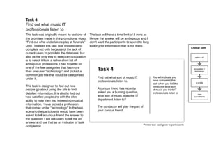 Task 4
Find out what music IT
professionals listen to
This task was originally meant to test one of   The task will have a time limit of 3 mins as
the promises made in the promotional video.     I know the answer will be ambiguous and I
“Find out what undertakers play at funerals”    don’t want the participants to spend to long
Until I realised this task was impossible to    looking for information that is not there.
                                                                                                                                     Critical path
complete not only because of the lack of
current users to populate the database, but
also as the only way to select an occupation                                                                                            users > all
is to select it from a rather short list of
ambiguous professions. I had to settle on
one of the few categories that has more
than one user “technology” and picked a
                                                     Task 4                                                                            occupation >
                                                                                                                                        technology

common job title that could be categorised
under it.                                            Find out what sort of music IT                You will indicate you
                                                     professionals listen to.                      have competed this
                                                                                                                                         a profile
                                                                                                   task when you tell the
This task is designed to find out how                                                              conductor what sort
people go about using the site to find               A curious friend has recently                 of music you think IT
detailed information. It is also to find out         asked you a burning question,                 professionals listen to.               view
how satisfied people are with the sites              what sort of music does the IT                                                    soundtracks

ability to help then find interesting musical        department listen to?
information. I have picked a profession
that comes under “technology” In the task            The conductor will play the part of
scenario the participants would have been            your curious friend.
asked to tell a curious friend the answer to
the question. I will ask users to tell me an
answer and use that as an indicator of task
                                                                                           Printed task card given to participants
completion.
 