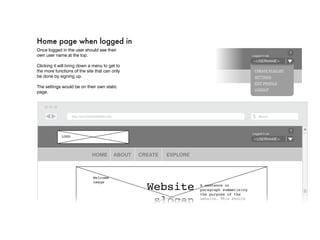 Home page when logged in
Once logged in the user should see their
                                                                                                              ?
own user name at the top.                                                                  Logged in as:

                                                                                           <username>
Clicking it will bring down a menu to get to
the more functions of the site that can only                                                Create Playlist
be done by signing up.                                                                      Settings
                                                                                            Edit profile
The settings would be on their own static
                                                                                            logout
page.




                                                                                                              ?
                                                                                           Logged in as:
             LOGO
                                                                                           <username>



                             HOME       ABOUT   CREATE   EXPLORE



                             Welcome

                                                  Website
                             image
                                                                   A sentence or
                                                                   paragraph summerising


                                                   slogan
                                                                   the purpose of the
                                                                   website. This should
                                                                   be optimised to
                                                                   appear in search
                                                                   search engin results.
 