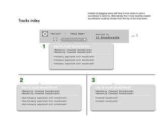 Instead of dragging users will have 3 more clicks to pick a
                                                              soundtrack to add it to. Alternatively the 2 most recently created
                                                              soundtracks could be chosen from the top of the drop-down.
Tracks index


                          <Artist>     -     <Song Name>              Features in:
                                                                      15 Soundtracks
                                                                                                           rank   1
                                     Add to your soundtrack




                   1         Add to your soundtrack
                             <Recently Created Soundtrack>
                             <Recently Created Soundtrack>

                             <Catagory populated with soundtrack>
                             <Catagory populated with soundtrack>
                             <Catagory populated with soundtrack>




2                                                                3
 Add to your soundtrack                                              Add to your soundtrack
 <Recently Created Soundtrack>                                       <Recently Created Soundtrack>
 <Recently Created Soundtrack>                                       <Recently Created Soundtrack>

 <Sub-Catagory populated with soundtrack>                            <Created Soundtrack>
 <Sub-Catagory populated with soundtrack>                            <Created soundtrack>
 <Sub-Catagory populated with soundtrack>
 