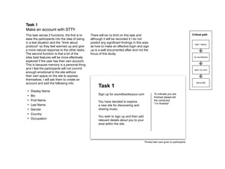 Task 1
Make an account with STTY
This task serves 2 functions, the first is to   There will be no limit on this task and                                              Critical path
ease the participants into the idea of being    although it will be recorded it I do not
in a test situation and the “think aloud        predict any significant findings in this area                                          login / signup
protocol” so they feel warmed up and give       as how to make an effective login and sign
a more natural response to the other tasks.     up is a well documented affair and not the
The second function is that a lot of the        focus of this study.
sites best features will be more effectively                                                                                          my soundtracks

explored if the user has their own account.
This is because memory is a personal thing
and I feel the participants will not commit                                                                                           open my voice
enough emotional to the site without
their own space on the site to express
themselves. I will ask them to create an
account and add the following info:                                                                                                     edit profile

                                                      Task 1
•	 Display Name
•	 Bio                                                Sign up for soundtracktoyour.com             To indicate you are
                                                                                                   finished please tell
•	 First Name                                         You have decided to explore                  the conductor
                                                                                                   “I’m finished”
•	 Last Name                                          a new site for discovering and
•	 Gender                                             sharing music.
•	 Country
                                                      You wish to sign up and then add
•	 Occupation                                         relevant details about you to your
                                                      area within the site.




                                                                                           Printed task card given to participants
 