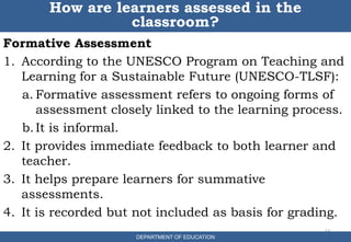 Formative Assessment
1. According to the UNESCO Program on Teaching and
Learning for a Sustainable Future (UNESCO-TLSF):
a. Formative assessment refers to ongoing forms of
assessment closely linked to the learning process.
b.It is informal.
2. It provides immediate feedback to both learner and
teacher.
3. It helps prepare learners for summative
assessments.
4. It is recorded but not included as basis for grading.
14
How are learners assessed in the
classroom?
DEPARTMENT OF EDUCATION
 