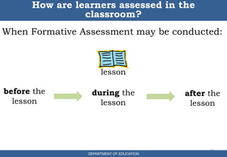 When Formative Assessment may be conducted:
15
How are learners assessed in the
classroom?
DEPARTMENT OF EDUCATION
lesson
before the
lesson
during the
lesson
after the
lesson
 