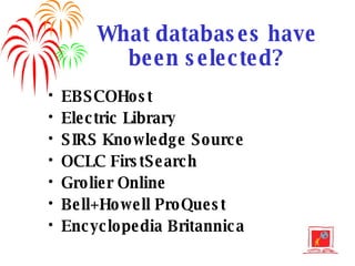 What databases have been selected? EBSCOHost Electric Library SIRS Knowledge Source OCLC FirstSearch Grolier Online Bell+Howell ProQuest Encyclopedia Britannica 