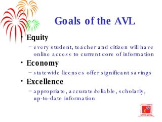 Goals of the AVL Equity every student, teacher and citizen will have online access to current core of information Economy statewide licenses offer significant savings Excellence appropriate, accurate/reliable, scholarly, up-to-date information 