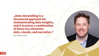 „Data storytelling is a
structured approach for
communicating data insights,
and it involves a combination
of three key elements:
data, visuals, and narrative.“
Brent Dykes, Domo
 