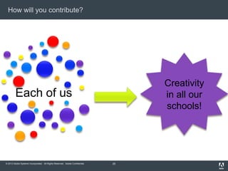 © 2013 Adobe Systems Incorporated. All Rights Reserved. Adobe Confidential.
How will you contribute?
25
Each of us
Creativity
in all our
schools!
 