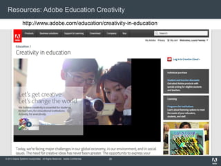 © 2013 Adobe Systems Incorporated. All Rights Reserved. Adobe Confidential.
Resources: Adobe Education Creativity
26
http://www.adobe.com/education/creativity-in-education
 