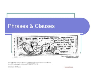 Phrases & Clauses
Source URL: http://serrano.wikispaces.com/Chapter+4+and+5,+Clauses+and+Phrases
Saylor URL: www.saylor.org/courses/K12ELA007#7.4.1.2
Attributed to: WikiSpaces www.saylor.org
 