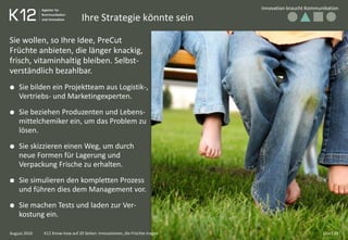 Innovation braucht Kommunikation
Chart 15K12 Know-how auf 20 Seiten: Innovationen, die Früchte tragen
Ihre Strategie könnte sein
Sie wollen, so Ihre Idee, PreCut
Früchte anbieten, die länger knackig,
frisch, vitaminhaltig bleiben. Selbst-
verständlich bezahlbar.
Sie bilden ein Projektteam aus Logistik-,
Vertriebs- und Marketingexperten.
Sie beziehen Produzenten und Lebens-
mittelchemiker ein, um das Problem zu
lösen.
Sie skizzieren einen Weg, um durch
neue Formen für Lagerung und
Verpackung Frische zu erhalten.
Sie simulieren den kompletten Prozess
und führen dies dem Management vor.
Sie machen Tests und laden zur Ver-
kostung ein.
August 2010
 