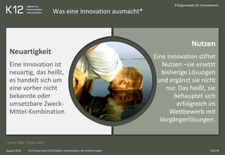 Chart 6
* Thom 1980, Strebel 2003
Neuartigkeit
Eine Innovation ist
neuartig, das heißt,
es handelt sich um
eine vorher nicht
bekannte oder
umsetzbare Zweck-
Mittel-Kombination
Nutzen
Eine Innovation stiftet
Nutzen –sie ersetzt
bisherige Lösungen
und ergänzt sie nicht
nur. Das heißt, sie
behauptet sich
erfolgreich im
Wettbewerb mit
Vorgängerlösungen.
Was eine Innovation ausmacht*
Erfolgsrezepte für Innovationen
K12 Know-how auf 20 Seiten: Innovationen, die Früchte tragenAugust 2010
 