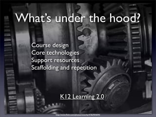 What’s under the hood?
  Course design
  Core technologies
  Support resources
  Scaffolding and repetition



               K12 Learning 2.0

           http://www.ﬂickr.com/photos/wwarby/4782904694/
 