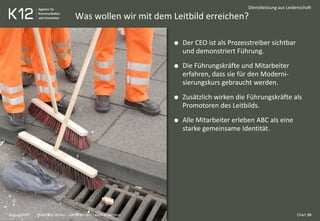 Was wollen wir mit dem Leitbild erreichen?
August 2009
Dienstleistung aus Leidenschaft
Der CEO ist als Prozesstreiber sichtbar
und demonstriert Führung.
Die Führungskräfte und Mitarbeiter
erfahren, dass sie für den Moderni-
sierungskurs gebraucht werden.
Zusätzlich wirken die Führungskräfte als
Promotoren des Leitbilds.
Alle Mitarbeiter erleben ABC als eine
starke gemeinsame Identität.
Chart 10Maßstäbe setzen - Leitbilder zum Leben erwecken
 