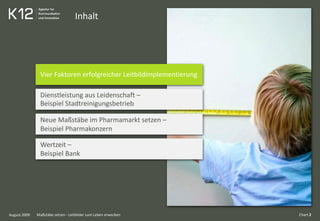 Inhalt
August 2009
Vier Faktoren erfolgreicher Leitbildimplementierung
Dienstleistung aus Leidenschaft –
Beispiel Stadtreinigungsbetrieb
Neue Maßstäbe im Pharmamarkt setzen –
Beispiel Pharmakonzern
Wertzeit –
Beispiel Bank
Chart 2Maßstäbe setzen - Leitbilder zum Leben erwecken
 