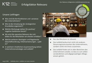 Nur das Messbare ist relevant.
Das Leitbild konkurriert nicht mit anderen
Steuerungsinstrumenten des Unternehmens,
sondern wirkt mit ihnen zusammen.
Das Leitbild findet sich in allen Bereichen des
Unternehmens wieder, so dass es zum selbst-
verständlichen und allgegenwärtigen Alltags-
wissen gehört.
Erfolgsfaktor Relevanz
August 2009
Vier Faktoren erfolgreicher Leitbildimplementierung
Unsere Leitfragen
Was sind die Kernfunktionen und –prozesse
des Unternehmens?
Wie ist die Umsetzung der strategischen
Grundsätze organisiert?
Welche Werkzeuge stehen für positive/
negative Sanktionen bereit?
Wo wird die operative Relevanz des Leit-
bildes für die Mitarbeiter am ehesten erlebbar?
Welche weiteren Ideologien und Regelwerke
(Geschäftsordnung, Arbeitsanweisungen...) gibt
es?
In welchem inhaltlichen Zusammenhang stehen
Unternehmensstrategie und Leitbild?
Vision, Strategische
Grundsätze, Werte
und Ziele (= Leitbild)
Maßstäbe setzen - Leitbilder zum Leben erwecken
 