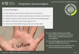 Unsere Leitfragen
Was treibt das Unternehmen? Was macht es besonders?
Welche Menschen arbeiten typischerweise in diesem Unternehmen?
Welche Ereignisse haben dieses Unternehmen nachhaltig geprägt?
Welches Verständnis vom Kunden gibt es hier?
Wo und wie finden Berührungspunkte zum Kunden statt?
Erfolgsfaktor Glaubwürdigkeit
August 2009
Vier Faktoren erfolgreicher Leitbildimplementierung
Das Leitbild und/oder die Leitbild-
kommunikation antizipieren konkrete
Erfahrungen und Befindlichkeiten im
Unternehmen.
Das Top-Management wirkt als Vorbild und
treibt das Leitbild-Thema voran.
Die Kommunikation des Leitbildes wird
nicht als Pflichtveranstaltung erlebt.
Vision, Strategische
Grundsätze, Werte
und Ziele (= Leitbild)
Chart 6Maßstäbe setzen - Leitbilder zum Leben erwecken
 