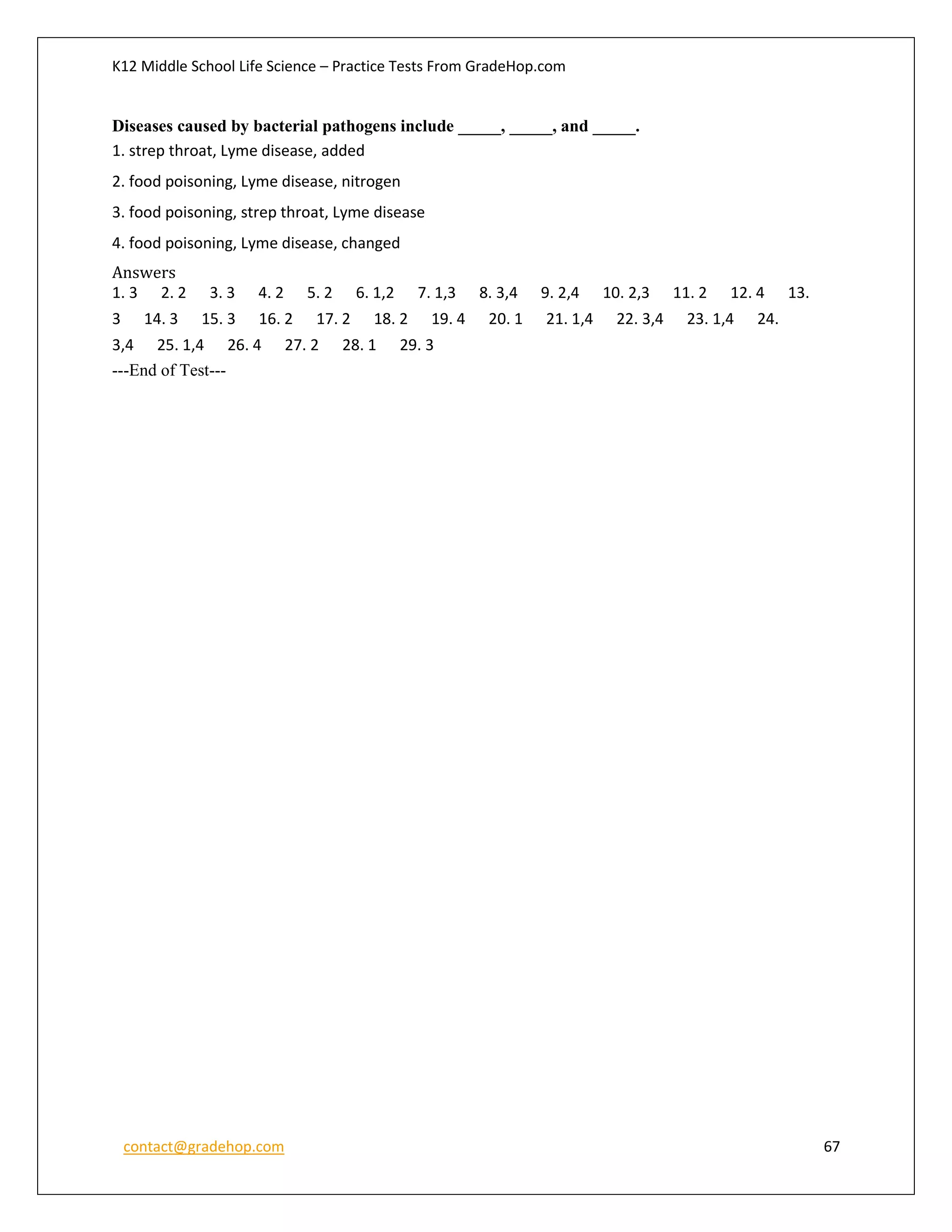 K12 Middle School Life Science – Practice Tests From GradeHop.com
contact@gradehop.com 67
Diseases caused by bacterial pathogens include _____, _____, and _____.
1. strep throat, Lyme disease, added
2. food poisoning, Lyme disease, nitrogen
3. food poisoning, strep throat, Lyme disease
4. food poisoning, Lyme disease, changed
Answers
1. 3 2. 2 3. 3 4. 2 5. 2 6. 1,2 7. 1,3 8. 3,4 9. 2,4 10. 2,3 11. 2 12. 4 13.
3 14. 3 15. 3 16. 2 17. 2 18. 2 19. 4 20. 1 21. 1,4 22. 3,4 23. 1,4 24.
3,4 25. 1,4 26. 4 27. 2 28. 1 29. 3
---End of Test---
 