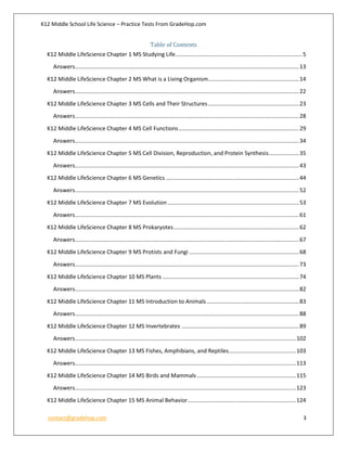 K12 Middle School Life Science – Practice Tests From GradeHop.com
contact@gradehop.com 3
Table of Contents
K12 Middle LifeScience Chapter 1 MS Studying Life.................................................................................5
Answers...............................................................................................................................................13
K12 Middle LifeScience Chapter 2 MS What is a Living Organism..........................................................14
Answers...............................................................................................................................................22
K12 Middle LifeScience Chapter 3 MS Cells and Their Structures..........................................................23
Answers...............................................................................................................................................28
K12 Middle LifeScience Chapter 4 MS Cell Functions.............................................................................29
Answers...............................................................................................................................................34
K12 Middle LifeScience Chapter 5 MS Cell Division, Reproduction, and Protein Synthesis...................35
Answers...............................................................................................................................................43
K12 Middle LifeScience Chapter 6 MS Genetics .....................................................................................44
Answers...............................................................................................................................................52
K12 Middle LifeScience Chapter 7 MS Evolution....................................................................................53
Answers...............................................................................................................................................61
K12 Middle LifeScience Chapter 8 MS Prokaryotes................................................................................62
Answers...............................................................................................................................................67
K12 Middle LifeScience Chapter 9 MS Protists and Fungi ......................................................................68
Answers...............................................................................................................................................73
K12 Middle LifeScience Chapter 10 MS Plants .......................................................................................74
Answers...............................................................................................................................................82
K12 Middle LifeScience Chapter 11 MS Introduction to Animals...........................................................83
Answers...............................................................................................................................................88
K12 Middle LifeScience Chapter 12 MS Invertebrates ...........................................................................89
Answers.............................................................................................................................................102
K12 Middle LifeScience Chapter 13 MS Fishes, Amphibians, and Reptiles...........................................103
Answers.............................................................................................................................................113
K12 Middle LifeScience Chapter 14 MS Birds and Mammals ...............................................................115
Answers.............................................................................................................................................123
K12 Middle LifeScience Chapter 15 MS Animal Behavior.....................................................................124
 