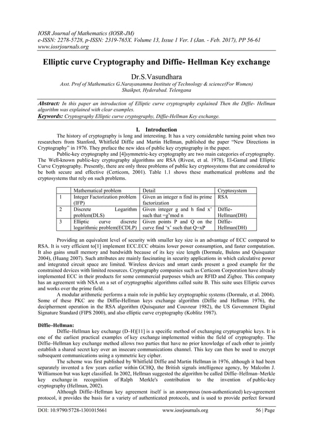 Elliptic curve Cryptography and Diffie- Hellman Key exchange | PDF
