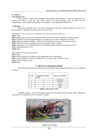 Implementation of A Multifunctional Smart Wheelchair
105
B. Software
1) Language Used:
In this project, Arduino IDE (Integrated Development Environment) is used for programming. It
contains text editor to write the code, many number of in built functions, series of menus for easy
programming, a serial monitor and message area. Program is then uploaded to Arduino Uno.
2) Algorithm:
Here, three functions have to be done simultaneously and thus 3 different inputs are given to the
microcontroller. Algorithms for the functions are given below.
Algorithm for voice recognition for wheelchair movement and obstacle detection
Step 1: Start
Step 2: Input voice control code to the phone which is converted to text and given to microcontroller.
Step 3: Check the text with programmed text. If it matches, go to step 4, otherwise go to step 2.
Step 4: Check for obstacle (distance< 100cm). If it is detected go to step 6, otherwise go to step 5.
Step 5: Move the motors according to the voice code given and go to step 2.
Step 6: Stop motors, move backward, come out of obstacle range and again stop, then go to step 2.
Step 7: Repeat steps from 2 to 7.
Step 8: Stop.
Algorithm for temperature monitoring
Step 1: Start
Step 2: Sense temperature of patient using temperature sensor continuously.
Step 3: Check whether it is above threshold (39˚C). If so go to step 4, else go to step 2.
Step 4: Alert message is given.
Step 5: Stop.
V. RESULTS AND DISCUSSIONS
The following table shows the observations and result for the proposed system when voice commands
are given.
SL NO GENERATED VOICE
CODE
MOVT. OF MOTOR
1. 4 FORWARD
2. 5 REVERSE
3. 6 LEFT
4. 7 RIGHT
5. 8 STOP
Table 1: Observation Table
If obstacle distance <100 cm, wheelchair stops, moves backwards and then stops. When temperature
rises above39˚C, message is sent to the doctor’s number.
Fig.3: Final Prototype
 
