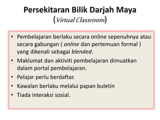 Persekitaran Bilik Darjah Maya
(VirtualClassroom)
• Pembelajaran berlaku secara online sepenuhnya atau
secara gabungan ( online dan pertemuan formal )
yang dikenali sebagai blended.
• Maklumat dan aktiviti pembelajaran dimuatkan
dalam portal pembelajaran.
• Pelajar perlu berdaftar.
• Kawalan berlaku melalui papan buletin
• Tiada interaksi sosial.
 
