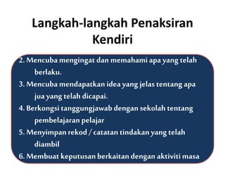1. Membuat refleksike atas pembelajaranlepas.
2. Mencubamengingat dan memahamiapa yang telah
berlaku.
3. Mencubamendapatkan ideayang jelas tentang apa
jua yangtelah dicapai.
4. Berkongsitanggungjawabdengan sekolah tentang
pembelajaranpelajar
5. Menyimpanrekod /catatan tindakanyang telah
diambil
6. Membuat keputusanberkaitandengan aktivitimasa
Langkah-langkah Penaksiran
Kendiri
 