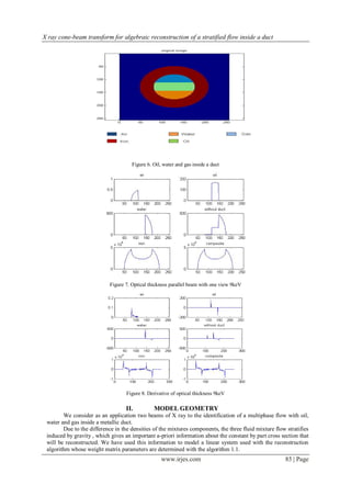X ray cone-beam transform for algebraic reconstruction of a stratified flow inside a duct




                                      Figure 6. Oil, water and gas inside a duct




                            Figure 7. Optical thickness parallel beam with one view 9keV




                                   Figure 8. Derivative of optical thickness 9keV

                                   II.          MODEL GEOMETRY
        We consider as an application two beams of X ray to the identification of a multiphase flow with oil,
 water and gas inside a metallic duct.
        Due to the difference in the densities of the mixtures components, the three fluid mixture flow stratifies
 induced by gravity , which gives an important a-priori information about the constant by part cross section that
 will be reconstructed. We have used this information to model a linear system used with the reconstruction
 algorithm whose weight matrix parameters are determined with the algorithm 1.1.
                                                    www.irjes.com                                      85 | Page
 