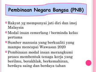  Rakyat yg mempunyai jati diri dan imej
Malaysia
 Modal insan cemerlang / berminda kelas
pertama
 Sumber manusia yang berkualiti yang
mampu mencapai Wawasan 2020
 Pembinaan modal insan merangkumi
proses membentuk tenaga kerja yang
berilmu, berakhlak, berkemahiran,
berdaya saing dan berdaya tahan
Pembinaan Negara Bangsa (PNB)
 