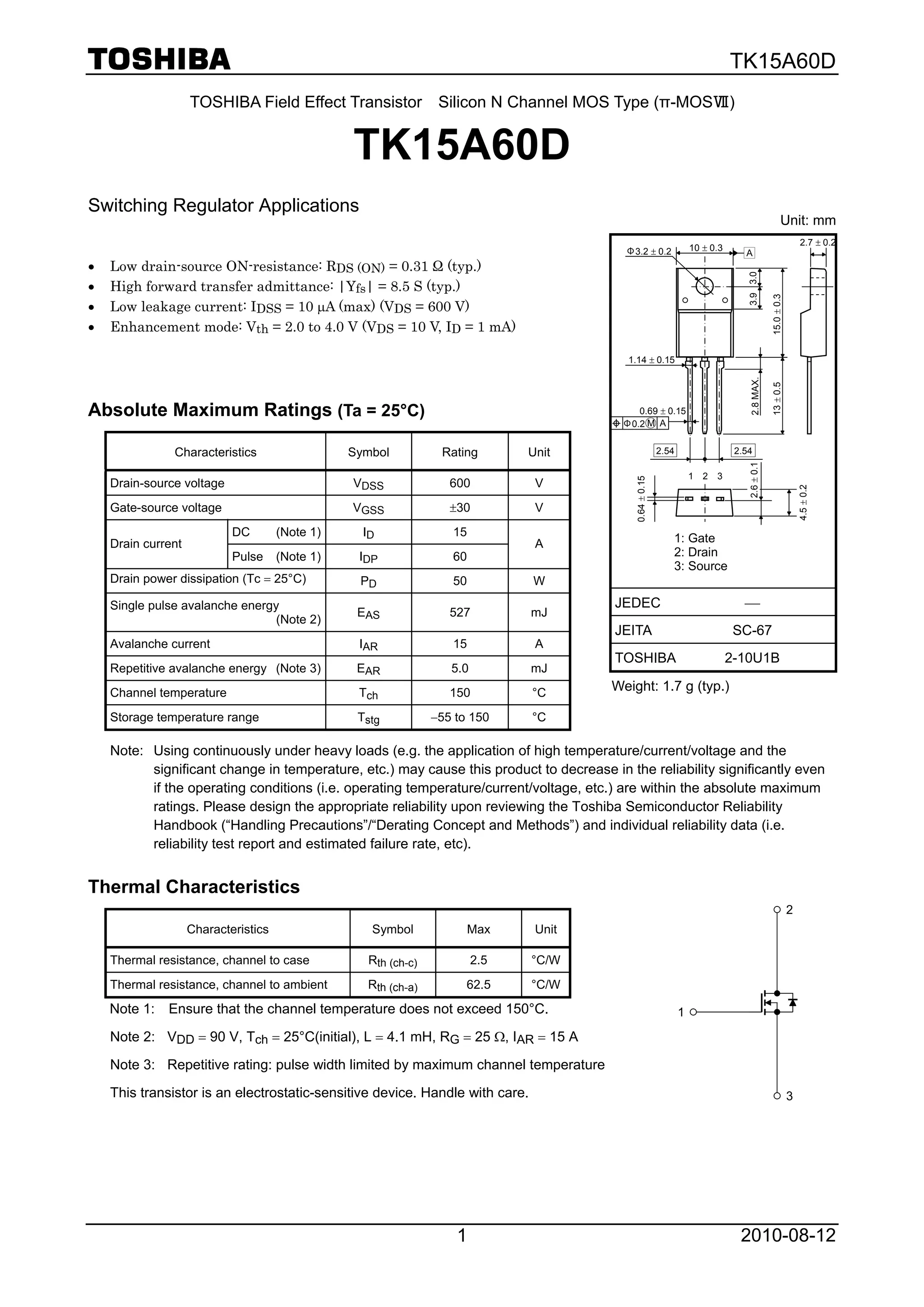 Transistor MOSFET Toshiba TK20A60U &ndash; TO-220F N-CH 600V 20A 45W