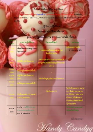 ใบงานที่ 16 เรื่อง ปฏิทนการปฏิบัตงาน
                                                             ิ         ิ

                 (เลือกโครงงานที่ได้ จากใบงานที่ 15 ทากิจกรรมนีส่งครู เป็ นผลงาน พร้ อม CD บันทึก
                                                                     ้
        ข้ อมูล และรายงาน 1 เล่ ม ขนาด A5 ไม่เกิน 8 หน้ า รวมปก พิมพ์จากกระดาษ A4 เย็บสันกลาง สอด CD ไว้
        ปกหลังใน

                                                  ปฏิทนการปฏิบัตงาน
                                                      ิ         ิ
                                             โครงงาน ประวัตดนตรี สากล
                                                           ิ
                           รู ปแบบการจัดทาโครงงาน E – book จากเรื่ องที่เลือก
วันเดือนปี
                   รายการปฏิบัตงาน
                               ิ                      กิจกรรมที่จัดทา                    หมายเหตุ
  – เวลา
                                                                                  รู ปแบบผลงานเป็ น
 17 ก.ย.     เลือกโครงงานและรู ปแบบ
                                               ระดมความคิดและแสดงความ                  E – book เท่ านัน
                                                                                                       ้
  2555       ในการจัดทา
                                                    คิดเห็นร่ วมกัน

 20 ก.ย.                                      แบ่ งงานตามความสามารถของแต่
             ปฏิบัตการทาโครงงาน
                   ิ
  2555                                       ละบุคคลและสืบค้ นข้ อมูลจากแหล่ ง
                                                          ต่ างๆ
 14 ม.ค.
             ส่ งให้ ครู ตรวจสอบครั งที่ 1
                                    ้
  2556                                                        -
 17 ม.ค.     ปฏิบัตการทาโครงงาน
                    ิ
  2556       (ต่ อ)                           จัดทาข้ อมูล รู ปเล่ ม และโครงงาน
 24 ม.ค.
             ส่ งให้ ครู ตรวจสอบครั งที่ 2
                                    ้
  2556                                                        -
                                                                                  ให้ ทาเป็ นเอกสาร ขนาด
                                                       จัดทาแผ่ น CD              A5 (พิมพ์ จากกระดาษ
 26 ม.ค.     บันทึกลงแผ่ น CD และทา                                               A4 ไม่ เกิน 2 แผ่ น แบ่ ง
  2556       รายงานประกอบ                                                         ซ้ ายขวา เย็บสันกลาง
                                                                                  ปกหลังในติดซองซีดีท่ ี
                                                                                  เป็ นพลาสติก
             ส่ งงาน (งานที่เป็ น CD และ                                          ให้ นาส่ งด้ วยตนเอง/มา
 31 ม.ค.
             รายงานประกอบโครงงาน)                             -                   พร้ อมกันทังกลุ่ม
                                                                                                ้
  2556
             และ นาเสนองาน

                                                                                        ลงชื่อ คณะผูจดทำ
                                                                                                    ้ั
 