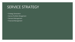 SERVICE STRATEGY
• Strategy Generation
• Service Portfolio Mnagement
• Demand Management
• Financial Management
7
 
