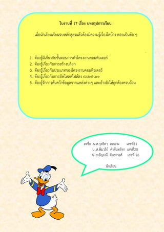 ใบงานที่ 17 เรื่อง บทสรุปการเรียน

     เมื่อนักเรียนเรียนจบหลักสูตรแลวตองมีความรูเรื่องใดบาง ตอบเปนขอ ๆ

                                                                                   .
1.   ตองรูมีเกี่ยวกับขั้นตอนการทําโครงงานคอมพิวเตอร
2.   ตองรูเกี่ยวกับการสรางบล็อก
3.   ตองรูเกี่ยวกับประเภทของโครงงานคอมพิวเตอร
4.   ตองรูเกี่ยวกับการอัพโหลดไฟลลง slideshare
5.   ตองรูจักการคนควาขอมูลจากแหลงตางๆ และอางอิงใหถูกตองครบถวน




                                      ลงชื่อ น.ส.กลธดา สมนาม เลขท่ี 11
                                                   ุ ิ
                                             น .ส.พิมวรีย คําจันทรทา เลขที่ 20
                                            น .ส.อัญมณี คันธะวงศ เลขที่ 26

                                                      นักเรียน
 