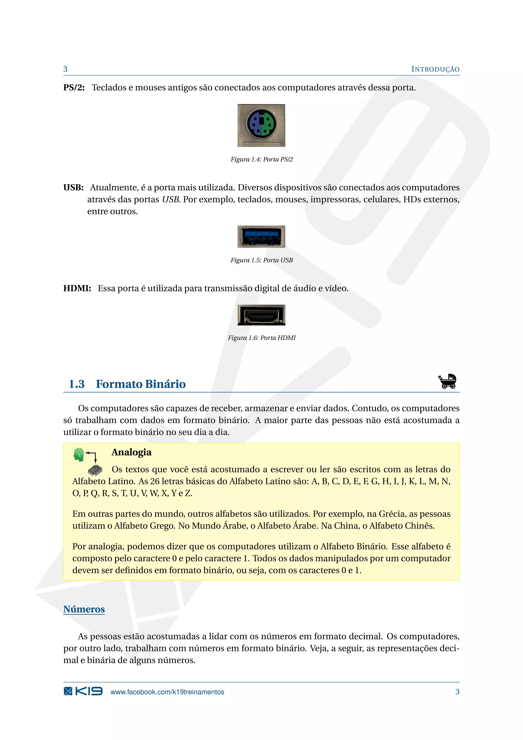 3 INTRODUÇÃO
PS/2: Teclados e mouses antigos são conectados aos computadores através dessa porta.
Figura 1.4: Porta PS/2
USB: Atualmente, é a porta mais utilizada. Diversos dispositivos são conectados aos computadores
através das portas USB. Por exemplo, teclados, mouses, impressoras, celulares, HDs externos,
entre outros.
Figura 1.5: Porta USB
HDMI: Essa porta é utilizada para transmissão digital de áudio e vídeo.
Figura 1.6: Porta HDMI
1.3 Formato Binário
Os computadores são capazes de receber, armazenar e enviar dados. Contudo, os computadores
só trabalham com dados em formato binário. A maior parte das pessoas não está acostumada a
utilizar o formato binário no seu dia a dia.
K
B
0-
X
8
P
O
K
E
T
80
1
M
A
D
E
B
Y
K
19
Analogia
Os textos que você está acostumado a escrever ou ler são escritos com as letras do
Alfabeto Latino. As 26 letras básicas do Alfabeto Latino são: A, B, C, D, E, F, G, H, I, J, K, L, M, N,
O, P, Q, R, S, T, U, V, W, X, Y e Z.
Em outras partes do mundo, outros alfabetos são utilizados. Por exemplo, na Grécia, as pessoas
utilizam o Alfabeto Grego. No Mundo Árabe, o Alfabeto Árabe. Na China, o Alfabeto Chinês.
Por analogia, podemos dizer que os computadores utilizam o Alfabeto Binário. Esse alfabeto é
composto pelo caractere 0 e pelo caractere 1. Todos os dados manipulados por um computador
devem ser deﬁnidos em formato binário, ou seja, com os caracteres 0 e 1.
Números
As pessoas estão acostumadas a lidar com os números em formato decimal. Os computadores,
por outro lado, trabalham com números em formato binário. Veja, a seguir, as representações deci-
mal e binária de alguns números.
www.facebook.com/k19treinamentos 3
 