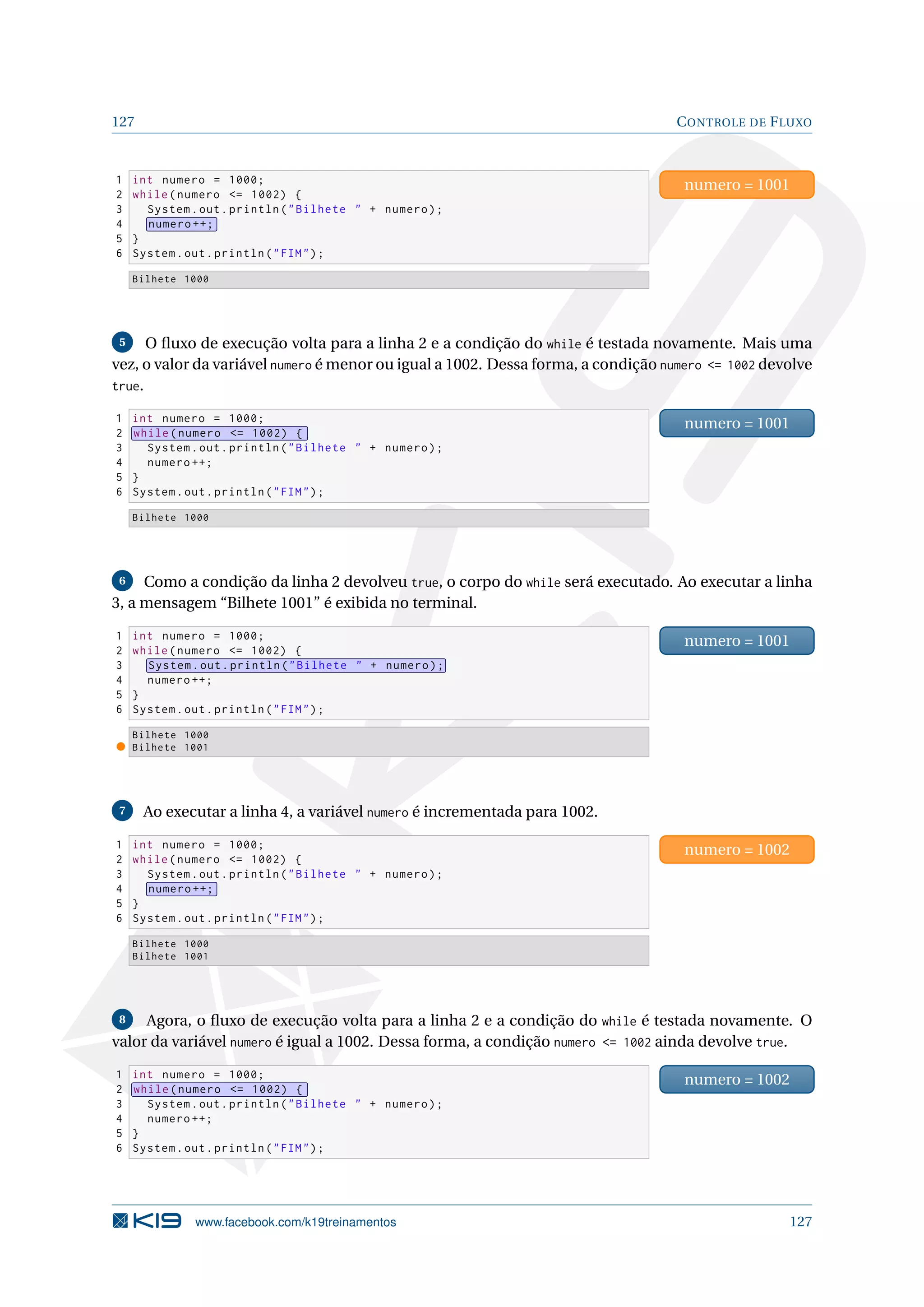 127 CONTROLE DE FLUXO
1 int numero = 1000;
2 while(numero = 1002) {
3 System.out.println(Bilhete  + numero);
4 numero ++;
5 }
6 System.out.println(FIM);
numero = 1001
Bilhete 1000
5 O ﬂuxo de execução volta para a linha 2 e a condição do while é testada novamente. Mais uma
vez, o valor da variável numero é menor ou igual a 1002. Dessa forma, a condição numero = 1002 devolve
true.
1 int numero = 1000;
2 while(numero = 1002) {
3 System.out.println(Bilhete  + numero);
4 numero ++;
5 }
6 System.out.println(FIM);
numero = 1001
Bilhete 1000
6 Como a condição da linha 2 devolveu true, o corpo do while será executado. Ao executar a linha
3, a mensagem “Bilhete 1001” é exibida no terminal.
1 int numero = 1000;
2 while(numero = 1002) {
3 System.out.println(Bilhete  + numero);
4 numero ++;
5 }
6 System.out.println(FIM);
numero = 1001
Bilhete 1000
Bilhete 1001
7 Ao executar a linha 4, a variável numero é incrementada para 1002.
1 int numero = 1000;
2 while(numero = 1002) {
3 System.out.println(Bilhete  + numero);
4 numero ++;
5 }
6 System.out.println(FIM);
numero = 1002
Bilhete 1000
Bilhete 1001
8 Agora, o ﬂuxo de execução volta para a linha 2 e a condição do while é testada novamente. O
valor da variável numero é igual a 1002. Dessa forma, a condição numero = 1002 ainda devolve true.
1 int numero = 1000;
2 while(numero = 1002) {
3 System.out.println(Bilhete  + numero);
4 numero ++;
5 }
6 System.out.println(FIM);
numero = 1002
www.facebook.com/k19treinamentos 127
 