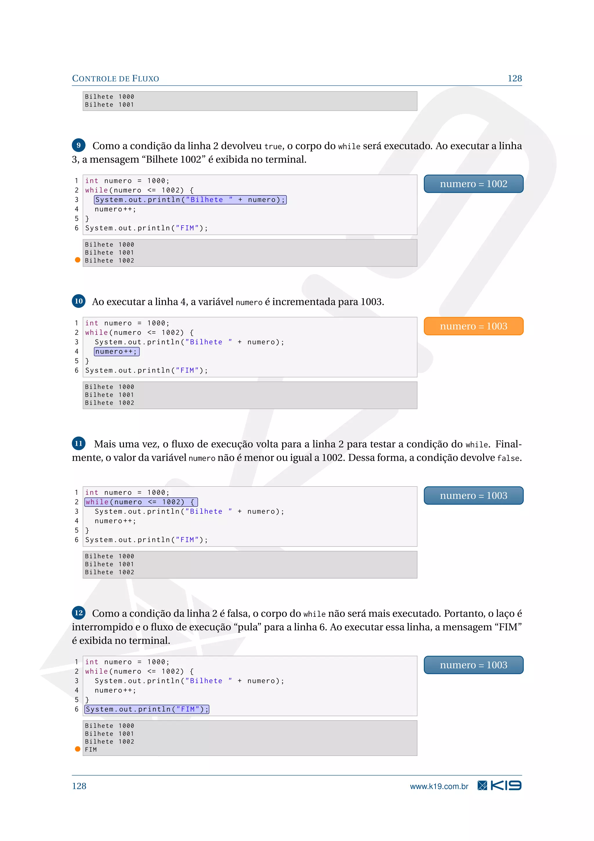 CONTROLE DE FLUXO 128
Bilhete 1000
Bilhete 1001
9 Como a condição da linha 2 devolveu true, o corpo do while será executado. Ao executar a linha
3, a mensagem “Bilhete 1002” é exibida no terminal.
1 int numero = 1000;
2 while(numero = 1002) {
3 System.out.println(Bilhete  + numero);
4 numero ++;
5 }
6 System.out.println(FIM);
numero = 1002
Bilhete 1000
Bilhete 1001
Bilhete 1002
10 Ao executar a linha 4, a variável numero é incrementada para 1003.
1 int numero = 1000;
2 while(numero = 1002) {
3 System.out.println(Bilhete  + numero);
4 numero ++;
5 }
6 System.out.println(FIM);
numero = 1003
Bilhete 1000
Bilhete 1001
Bilhete 1002
11 Mais uma vez, o ﬂuxo de execução volta para a linha 2 para testar a condição do while. Final-
mente, o valor da variável numero não é menor ou igual a 1002. Dessa forma, a condição devolve false.
1 int numero = 1000;
2 while(numero = 1002) {
3 System.out.println(Bilhete  + numero);
4 numero ++;
5 }
6 System.out.println(FIM);
numero = 1003
Bilhete 1000
Bilhete 1001
Bilhete 1002
12 Como a condição da linha 2 é falsa, o corpo do while não será mais executado. Portanto, o laço é
interrompido e o ﬂuxo de execução “pula” para a linha 6. Ao executar essa linha, a mensagem “FIM”
é exibida no terminal.
1 int numero = 1000;
2 while(numero = 1002) {
3 System.out.println(Bilhete  + numero);
4 numero ++;
5 }
6 System.out.println(FIM);
numero = 1003
Bilhete 1000
Bilhete 1001
Bilhete 1002
FIM
128 www.k19.com.br
 