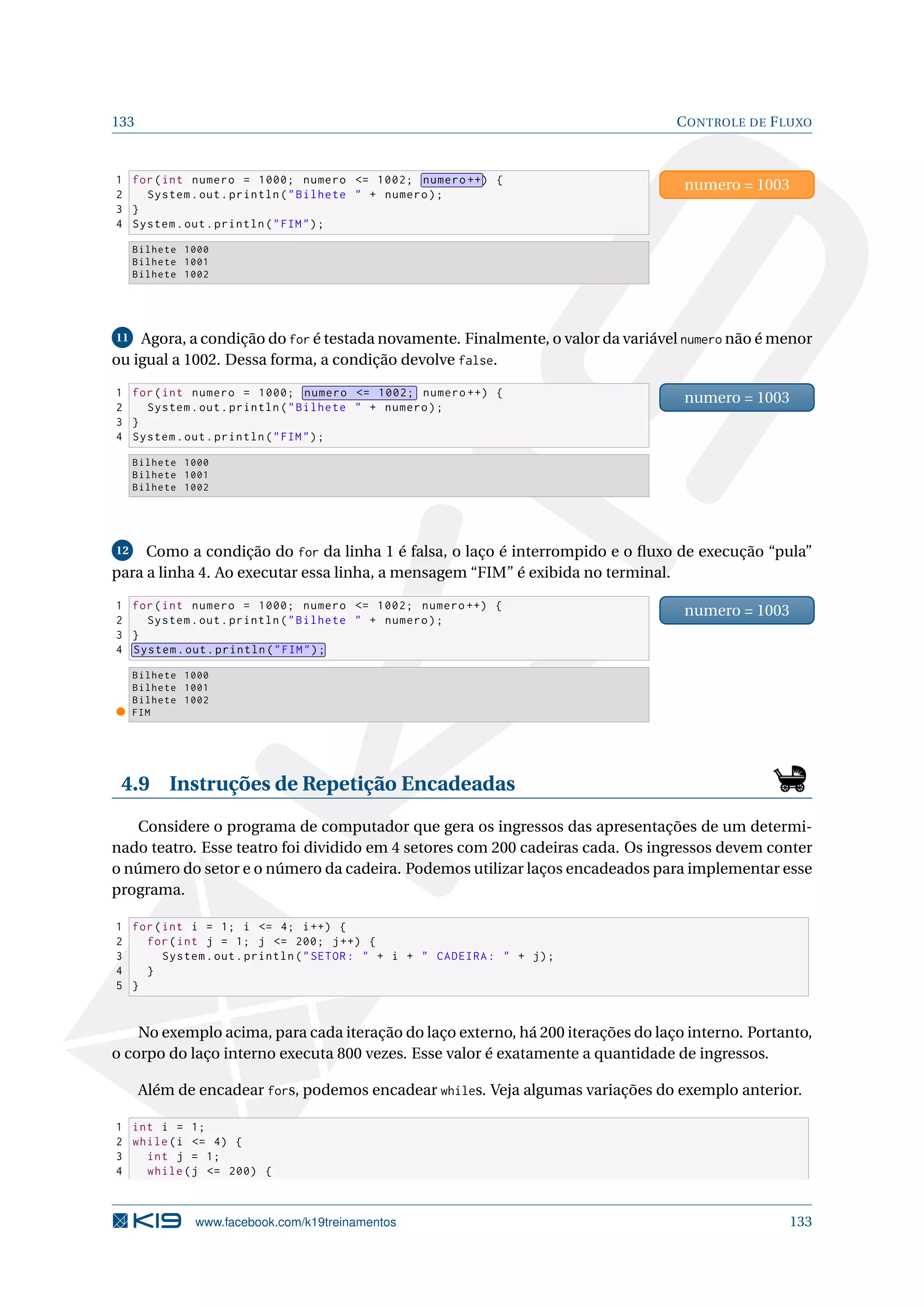 133 CONTROLE DE FLUXO
1 for(int numero = 1000; numero = 1002; numero ++) {
2 System.out.println(Bilhete  + numero);
3 }
4 System.out.println(FIM);
numero = 1003
Bilhete 1000
Bilhete 1001
Bilhete 1002
11 Agora, a condição do for é testada novamente. Finalmente, o valor da variável numero não é menor
ou igual a 1002. Dessa forma, a condição devolve false.
1 for(int numero = 1000; numero = 1002; numero ++) {
2 System.out.println(Bilhete  + numero);
3 }
4 System.out.println(FIM);
numero = 1003
Bilhete 1000
Bilhete 1001
Bilhete 1002
12 Como a condição do for da linha 1 é falsa, o laço é interrompido e o ﬂuxo de execução “pula”
para a linha 4. Ao executar essa linha, a mensagem “FIM” é exibida no terminal.
1 for(int numero = 1000; numero = 1002; numero ++) {
2 System.out.println(Bilhete  + numero);
3 }
4 System.out.println(FIM);
numero = 1003
Bilhete 1000
Bilhete 1001
Bilhete 1002
FIM
4.9 Instruções de Repetição Encadeadas
Considere o programa de computador que gera os ingressos das apresentações de um determi-
nado teatro. Esse teatro foi dividido em 4 setores com 200 cadeiras cada. Os ingressos devem conter
o número do setor e o número da cadeira. Podemos utilizar laços encadeados para implementar esse
programa.
1 for(int i = 1; i = 4; i++) {
2 for(int j = 1; j = 200; j++) {
3 System.out.println(SETOR:  + i +  CADEIRA:  + j);
4 }
5 }
No exemplo acima, para cada iteração do laço externo, há 200 iterações do laço interno. Portanto,
o corpo do laço interno executa 800 vezes. Esse valor é exatamente a quantidade de ingressos.
Além de encadear fors, podemos encadear whiles. Veja algumas variações do exemplo anterior.
1 int i = 1;
2 while(i = 4) {
3 int j = 1;
4 while(j = 200) {
www.facebook.com/k19treinamentos 133
 