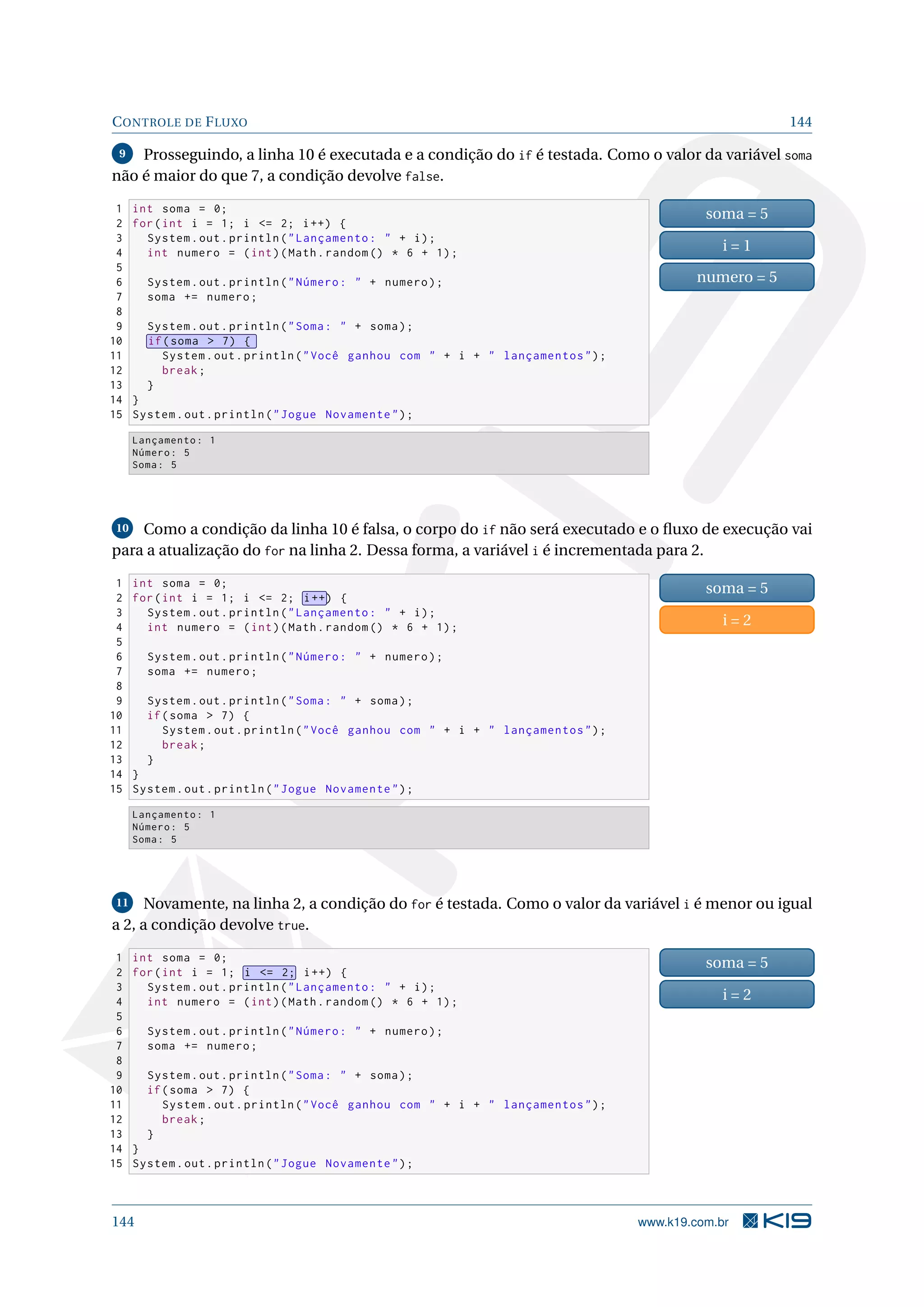 CONTROLE DE FLUXO 144
9 Prosseguindo, a linha 10 é executada e a condição do if é testada. Como o valor da variável soma
não é maior do que 7, a condição devolve false.
1 int soma = 0;
2 for(int i = 1; i = 2; i++) {
3 System.out.println(Lançamento:  + i);
4 int numero = (int)(Math.random () * 6 + 1);
5
6 System.out.println(Número:  + numero);
7 soma += numero;
8
9 System.out.println(Soma:  + soma);
10 if(soma  7) {
11 System.out.println(Você ganhou com  + i +  lançamentos);
12 break;
13 }
14 }
15 System.out.println(Jogue Novamente);
soma = 5
i = 1
numero = 5
Lançamento: 1
Número: 5
Soma: 5
10 Como a condição da linha 10 é falsa, o corpo do if não será executado e o ﬂuxo de execução vai
para a atualização do for na linha 2. Dessa forma, a variável i é incrementada para 2.
1 int soma = 0;
2 for(int i = 1; i = 2; i++) {
3 System.out.println(Lançamento:  + i);
4 int numero = (int)(Math.random () * 6 + 1);
5
6 System.out.println(Número:  + numero);
7 soma += numero;
8
9 System.out.println(Soma:  + soma);
10 if(soma  7) {
11 System.out.println(Você ganhou com  + i +  lançamentos);
12 break;
13 }
14 }
15 System.out.println(Jogue Novamente);
soma = 5
i = 2
Lançamento: 1
Número: 5
Soma: 5
11 Novamente, na linha 2, a condição do for é testada. Como o valor da variável i é menor ou igual
a 2, a condição devolve true.
1 int soma = 0;
2 for(int i = 1; i = 2; i++) {
3 System.out.println(Lançamento:  + i);
4 int numero = (int)(Math.random () * 6 + 1);
5
6 System.out.println(Número:  + numero);
7 soma += numero;
8
9 System.out.println(Soma:  + soma);
10 if(soma  7) {
11 System.out.println(Você ganhou com  + i +  lançamentos);
12 break;
13 }
14 }
15 System.out.println(Jogue Novamente);
soma = 5
i = 2
144 www.k19.com.br
 