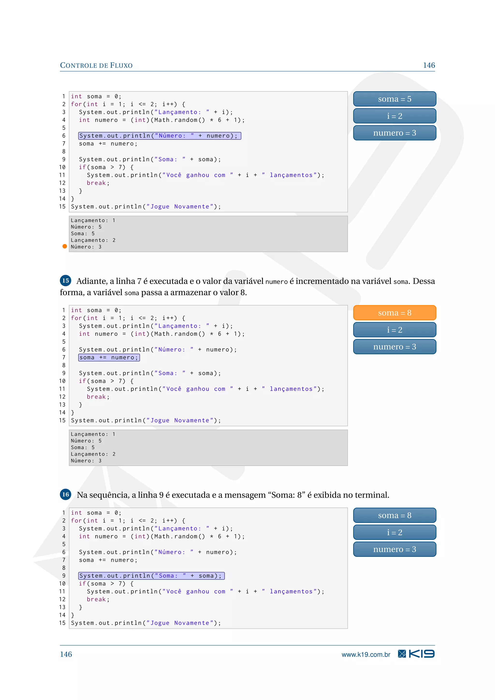 CONTROLE DE FLUXO 146
1 int soma = 0;
2 for(int i = 1; i = 2; i++) {
3 System.out.println(Lançamento:  + i);
4 int numero = (int)(Math.random () * 6 + 1);
5
6 System.out.println(Número:  + numero);
7 soma += numero;
8
9 System.out.println(Soma:  + soma);
10 if(soma  7) {
11 System.out.println(Você ganhou com  + i +  lançamentos);
12 break;
13 }
14 }
15 System.out.println(Jogue Novamente);
soma = 5
i = 2
numero = 3
Lançamento: 1
Número: 5
Soma: 5
Lançamento: 2
Número: 3
15 Adiante, a linha 7 é executada e o valor da variável numero é incrementado na variável soma. Dessa
forma, a variável soma passa a armazenar o valor 8.
1 int soma = 0;
2 for(int i = 1; i = 2; i++) {
3 System.out.println(Lançamento:  + i);
4 int numero = (int)(Math.random () * 6 + 1);
5
6 System.out.println(Número:  + numero);
7 soma += numero;
8
9 System.out.println(Soma:  + soma);
10 if(soma  7) {
11 System.out.println(Você ganhou com  + i +  lançamentos);
12 break;
13 }
14 }
15 System.out.println(Jogue Novamente);
soma = 8
i = 2
numero = 3
Lançamento: 1
Número: 5
Soma: 5
Lançamento: 2
Número: 3
16 Na sequência, a linha 9 é executada e a mensagem “Soma: 8” é exibida no terminal.
1 int soma = 0;
2 for(int i = 1; i = 2; i++) {
3 System.out.println(Lançamento:  + i);
4 int numero = (int)(Math.random () * 6 + 1);
5
6 System.out.println(Número:  + numero);
7 soma += numero;
8
9 System.out.println(Soma:  + soma);
10 if(soma  7) {
11 System.out.println(Você ganhou com  + i +  lançamentos);
12 break;
13 }
14 }
15 System.out.println(Jogue Novamente);
soma = 8
i = 2
numero = 3
146 www.k19.com.br
 