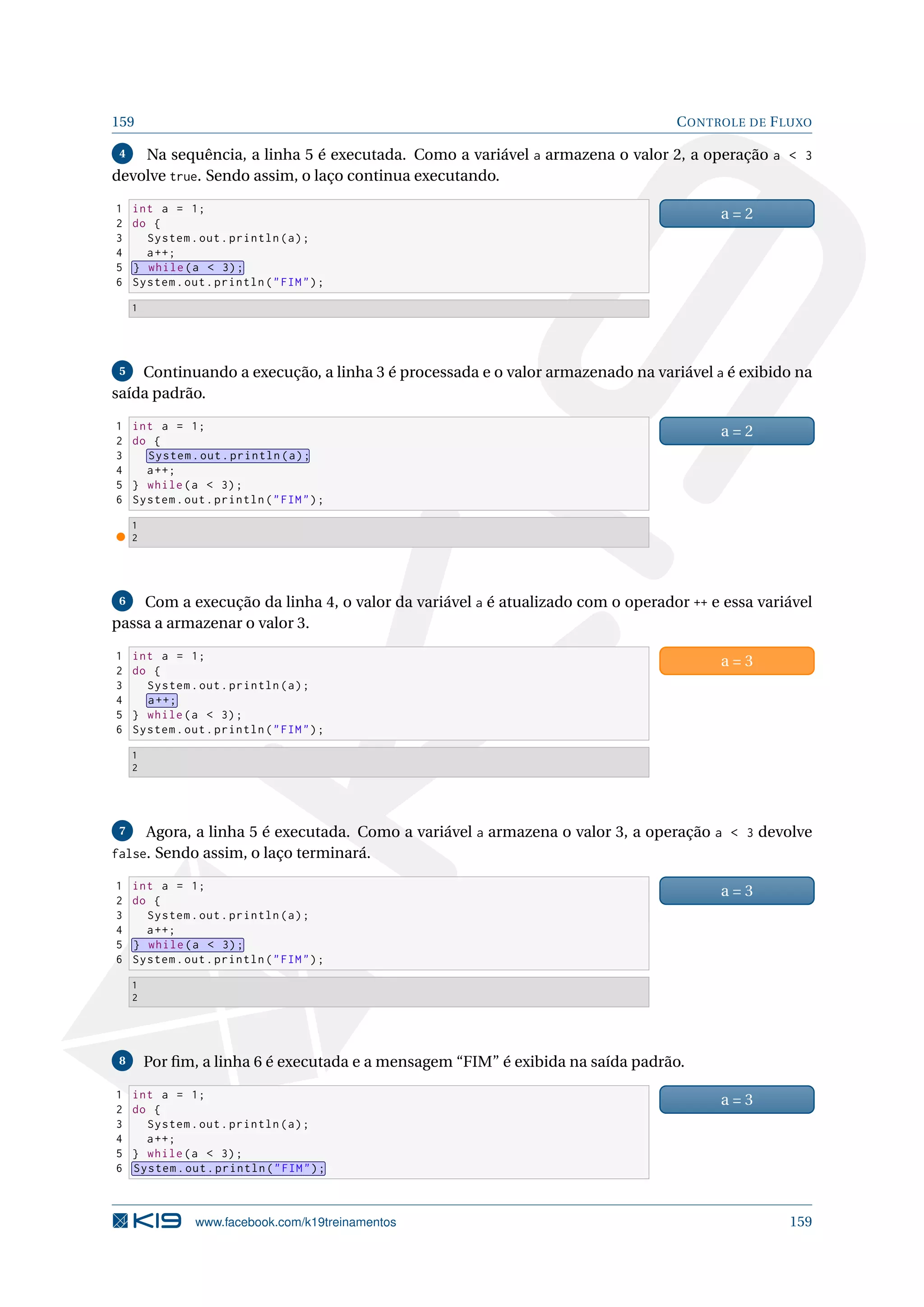 159 CONTROLE DE FLUXO
4 Na sequência, a linha 5 é executada. Como a variável a armazena o valor 2, a operação a  3
devolve true. Sendo assim, o laço continua executando.
1 int a = 1;
2 do {
3 System.out.println(a);
4 a++;
5 } while(a  3);
6 System.out.println(FIM);
a = 2
1
5 Continuando a execução, a linha 3 é processada e o valor armazenado na variável a é exibido na
saída padrão.
1 int a = 1;
2 do {
3 System.out.println(a);
4 a++;
5 } while(a  3);
6 System.out.println(FIM);
a = 2
1
2
6 Com a execução da linha 4, o valor da variável a é atualizado com o operador ++ e essa variável
passa a armazenar o valor 3.
1 int a = 1;
2 do {
3 System.out.println(a);
4 a++;
5 } while(a  3);
6 System.out.println(FIM);
a = 3
1
2
7 Agora, a linha 5 é executada. Como a variável a armazena o valor 3, a operação a  3 devolve
false. Sendo assim, o laço terminará.
1 int a = 1;
2 do {
3 System.out.println(a);
4 a++;
5 } while(a  3);
6 System.out.println(FIM);
a = 3
1
2
8 Por ﬁm, a linha 6 é executada e a mensagem “FIM” é exibida na saída padrão.
1 int a = 1;
2 do {
3 System.out.println(a);
4 a++;
5 } while(a  3);
6 System.out.println(FIM);
a = 3
www.facebook.com/k19treinamentos 159
 