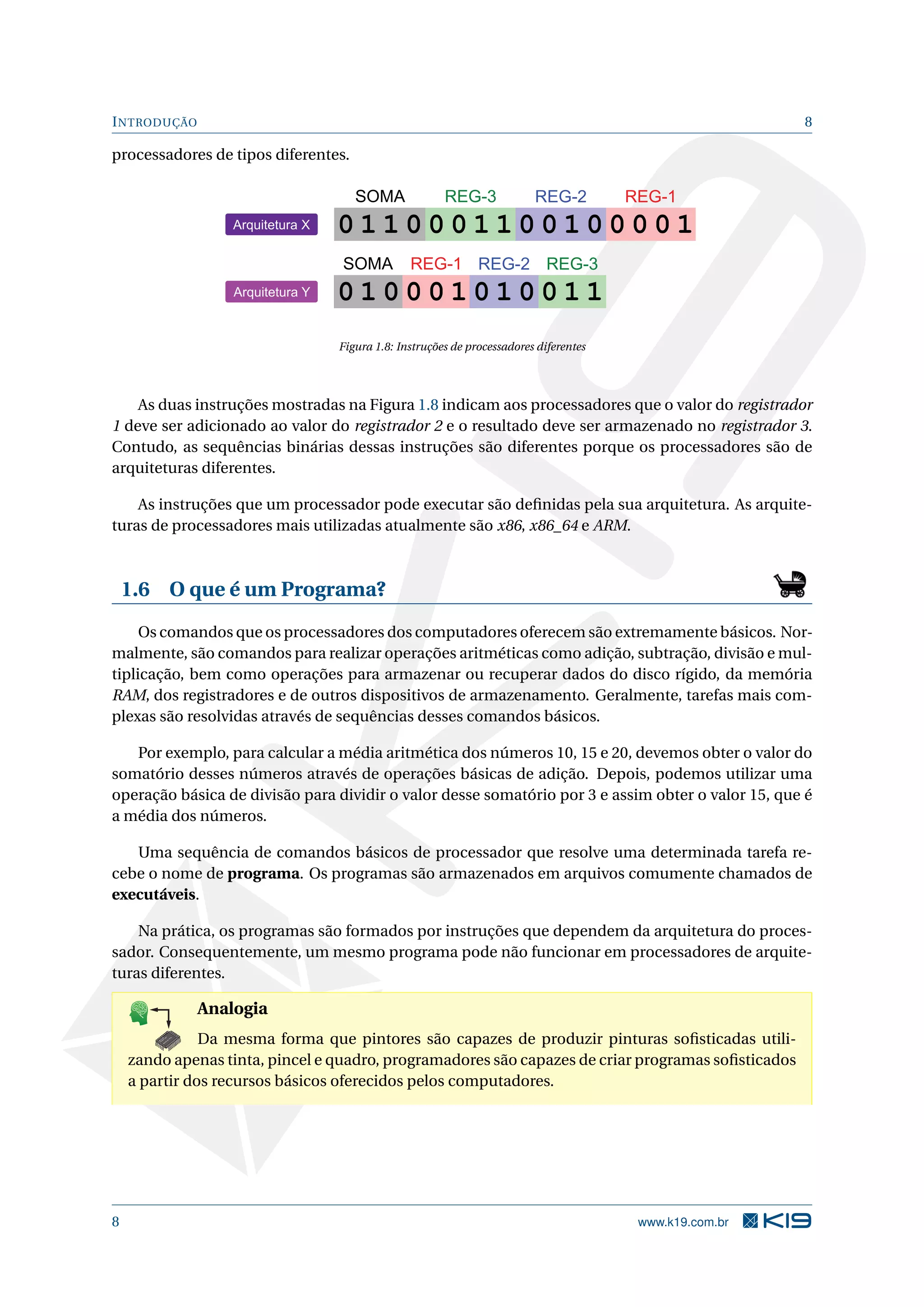 INTRODUÇÃO 8
processadores de tipos diferentes.
0 1 1 0 0 0 1 1 0 0 1 0 0 0 0 1
REG-2 REG-1REG-3SOMA
Arquitetura X
Arquitetura Y 0 1 0 0 0 1 0 1 0 0 1 1
REG-2 REG-3REG-1SOMA
Figura 1.8: Instruções de processadores diferentes
As duas instruções mostradas na Figura 1.8 indicam aos processadores que o valor do registrador
1 deve ser adicionado ao valor do registrador 2 e o resultado deve ser armazenado no registrador 3.
Contudo, as sequências binárias dessas instruções são diferentes porque os processadores são de
arquiteturas diferentes.
As instruções que um processador pode executar são deﬁnidas pela sua arquitetura. As arquite-
turas de processadores mais utilizadas atualmente são x86, x86_64 e ARM.
1.6 O que é um Programa?
Os comandos que os processadores dos computadores oferecem são extremamente básicos. Nor-
malmente, são comandos para realizar operações aritméticas como adição, subtração, divisão e mul-
tiplicação, bem como operações para armazenar ou recuperar dados do disco rígido, da memória
RAM, dos registradores e de outros dispositivos de armazenamento. Geralmente, tarefas mais com-
plexas são resolvidas através de sequências desses comandos básicos.
Por exemplo, para calcular a média aritmética dos números 10, 15 e 20, devemos obter o valor do
somatório desses números através de operações básicas de adição. Depois, podemos utilizar uma
operação básica de divisão para dividir o valor desse somatório por 3 e assim obter o valor 15, que é
a média dos números.
Uma sequência de comandos básicos de processador que resolve uma determinada tarefa re-
cebe o nome de programa. Os programas são armazenados em arquivos comumente chamados de
executáveis.
Na prática, os programas são formados por instruções que dependem da arquitetura do proces-
sador. Consequentemente, um mesmo programa pode não funcionar em processadores de arquite-
turas diferentes.
K
B
0-
X
8
P
O
K
E
T
80
1
M
A
D
E
B
Y
K
19
Analogia
Da mesma forma que pintores são capazes de produzir pinturas soﬁsticadas utili-
zando apenas tinta, pincel e quadro, programadores são capazes de criar programas soﬁsticados
a partir dos recursos básicos oferecidos pelos computadores.
8 www.k19.com.br
 