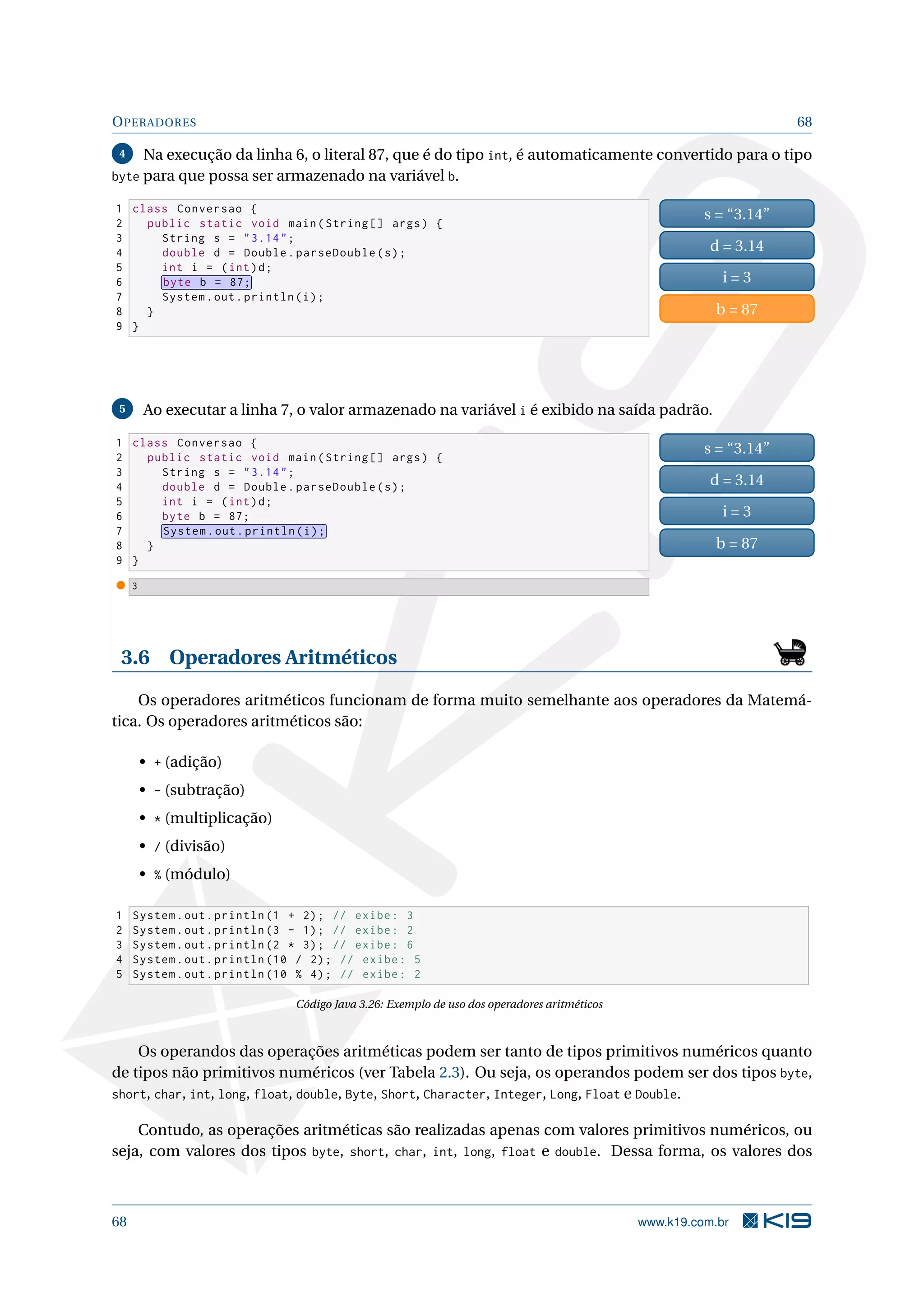OPERADORES 68
4 Na execução da linha 6, o literal 87, que é do tipo int, é automaticamente convertido para o tipo
byte para que possa ser armazenado na variável b.
1 class Conversao {
2 public static void main(String [] args) {
3 String s = 3.14;
4 double d = Double.parseDouble(s);
5 int i = (int)d;
6 byte b = 87;
7 System.out.println(i);
8 }
9 }
s = “3.14”
d = 3.14
i = 3
b = 87
5 Ao executar a linha 7, o valor armazenado na variável i é exibido na saída padrão.
1 class Conversao {
2 public static void main(String [] args) {
3 String s = 3.14;
4 double d = Double.parseDouble(s);
5 int i = (int)d;
6 byte b = 87;
7 System.out.println(i);
8 }
9 }
s = “3.14”
d = 3.14
i = 3
b = 87
3
3.6 Operadores Aritméticos
Os operadores aritméticos funcionam de forma muito semelhante aos operadores da Matemá-
tica. Os operadores aritméticos são:
• + (adição)
• - (subtração)
• * (multiplicação)
• / (divisão)
• % (módulo)
1 System.out.println (1 + 2); // exibe: 3
2 System.out.println (3 - 1); // exibe: 2
3 System.out.println (2 * 3); // exibe: 6
4 System.out.println (10 / 2); // exibe: 5
5 System.out.println (10 % 4); // exibe: 2
Código Java 3.26: Exemplo de uso dos operadores aritméticos
Os operandos das operações aritméticas podem ser tanto de tipos primitivos numéricos quanto
de tipos não primitivos numéricos (ver Tabela 2.3). Ou seja, os operandos podem ser dos tipos byte,
short, char, int, long, float, double, Byte, Short, Character, Integer, Long, Float e Double.
Contudo, as operações aritméticas são realizadas apenas com valores primitivos numéricos, ou
seja, com valores dos tipos byte, short, char, int, long, float e double. Dessa forma, os valores dos
68 www.k19.com.br
 
