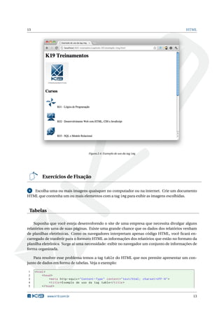 13                                                                                                       HTML




                                           Figura 2.4: Exemplo de uso da tag img




          Exercícios de Fixação

 9 Escolha uma ou mais imagens quaisquer no computador ou na internet. Crie um documento
HTML que contenha um ou mais elementos com a tag img para exibir as imagens escolhidas.


 Tabelas

    Suponha que você esteja desenvolvendo o site de uma empresa que necessita divulgar alguns
relatórios em uma de suas páginas. Existe uma grande chance que os dados dos relatórios venham
de planilhas eletrônicas. Como os navegadores interpretam apenas código HTML, você ﬁcará en-
carregado de tranferir para o formato HTML as informações dos relatórios que estão no formato da
planilha eletrônica. Surge aí uma necessidade: exibir no navegador um conjunto de informações de
forma organizada.

    Para resolver esse problema temos a tag table do HTML que nos premite apresentar um con-
junto de dados em forma de tabelas. Veja o exemplo:

1    < html >
2         < head >
3              < meta http - equiv = " Content - Type " content = " text / html ; charset = UTF -8 " >
4              < title > Exemplo de uso da tag table </ title >
5         </ head >


              www.k19.com.br                                                                               13
 