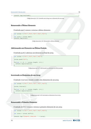 J AVASCRIPT AVANÇADO                                                                                                    70

4    console . log ( resultado ) ;

                              Código Javascript A.45: Gerando uma string com os elementos de um array




Removendo o Último Elemento

     O método pop() remove e retorna o último elemento.

1    var cursos = [ " K11 " ," K12 " ," K21 " ," K22 " ," K23 " ];
2
3    var curso = cursos . pop () ;
4    console . log ( curso ) ;

                                          Código Javascript A.46: Removendo o último elemento




Adicionando um Elemento na Última Posição

     O método push() adiciona um elemento ao ﬁnal do array.

1    var cursos = [ " K11 " ," K12 " ," K21 " ," K22 " ];
2
3    cursos . push ( " K23 " ) ;
4
5    for ( var i = 0; i < cursos . length ; i ++) {
6      console . log ( cursos [ i ]) ;
7    }

                                   Código Javascript A.47: Adicionando um elemento na última posição




Invertendo os Elementos de um Array

     O método reverse() inverte a ordem dos elementos de um array.

1    var cursos = [ " K11 " ," K12 " ," K21 " ," K22 " ," K23 " ];
2
3    cursos . reverse () ;
4
5    for ( var i = 0; i < cursos . length ; i ++) {
6      console . log ( cursos [ i ]) ;
7    }

                                       Código Javascript A.48: Invertendo os elementos de um array




Removendo o Primeiro Elemento

     O método shift() remove e retorna o primeiro elemento de um array.

1    var cursos = [ " K11 " ," K12 " ," K21 " ," K22 " ," K23 " ];
2
3    var curso = cursos . shift () ;
4
5    console . log ( " Elemento removido : " + curso ) ;


70                                                                                                     www.k19.com.br
 